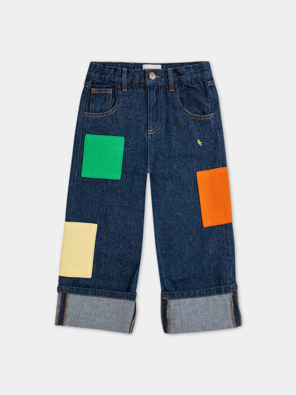 Jeans in denim per bambini con toppe multicolor e logo